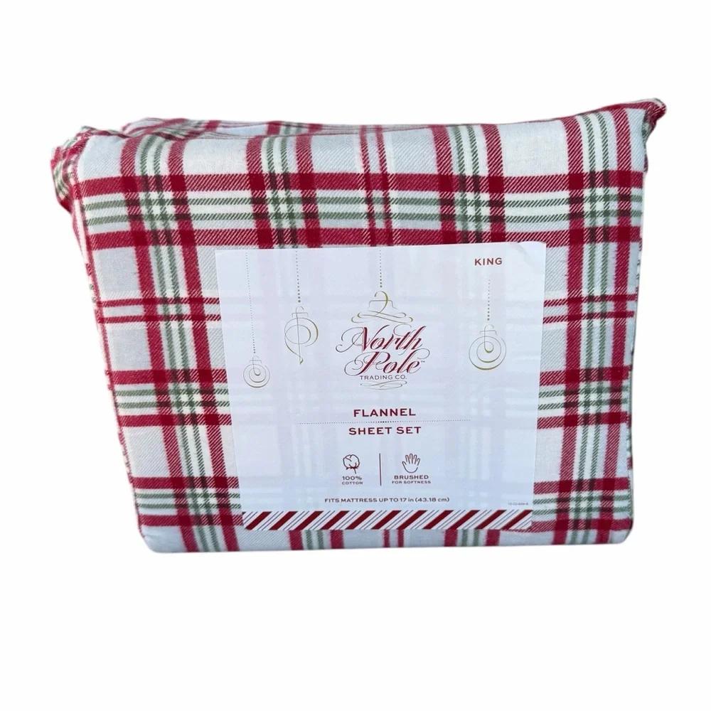 Holiday Plaid Christmas 4-Piece King Flannel Sheet Set North Pole Trading Co NWT